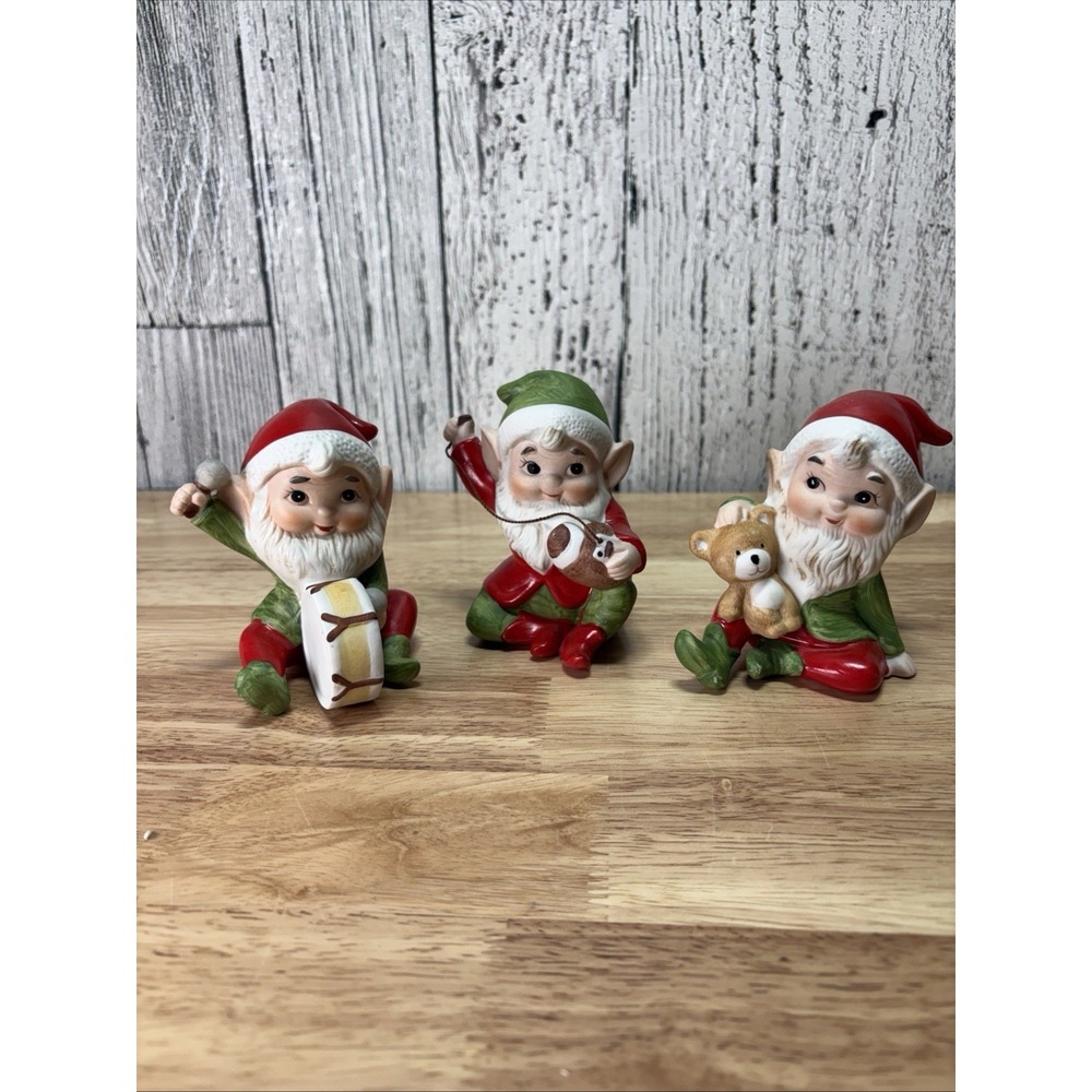 Vintage Homco Christmas Elves Figurines Football Drum Teddy 3pc Porcelain #5618